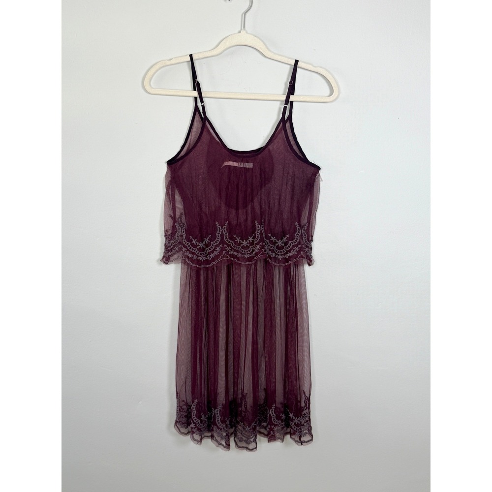Kimchi Blue Mini Dress Sz S Plum Sheer Mesh Embroidered Tiered Fairy Coquette - Picture 5 of 7